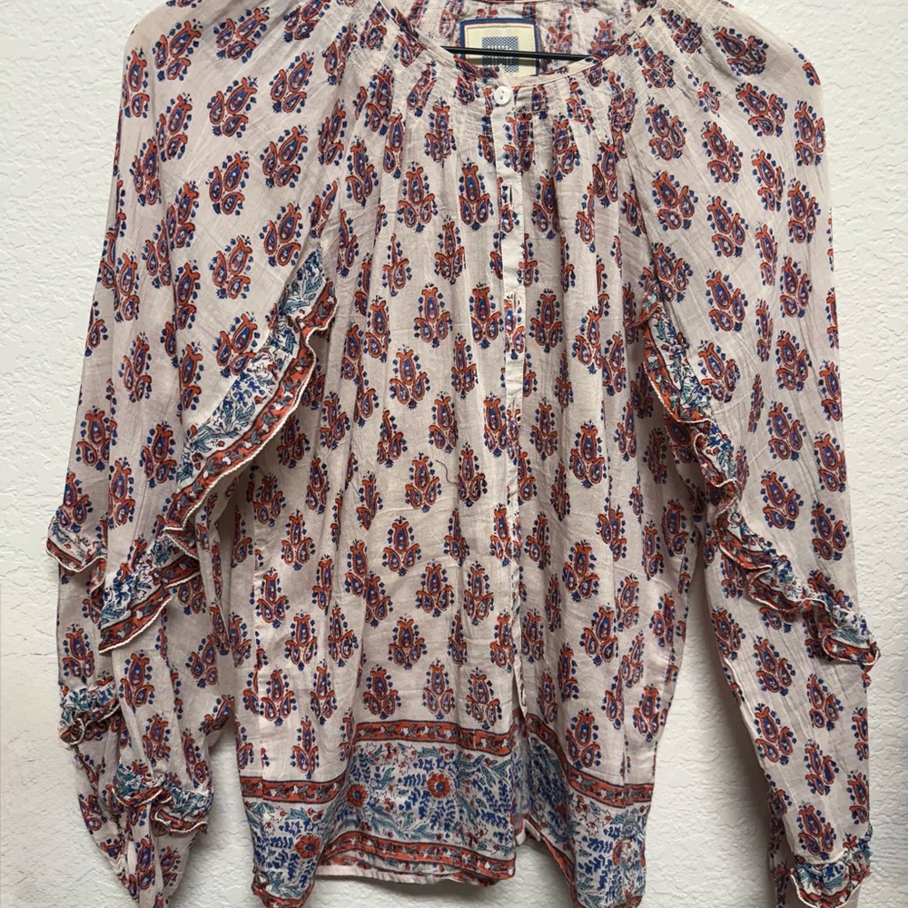 Bell Boho Batik Ruffle Long-Sleeve Top in Cream and Rust.